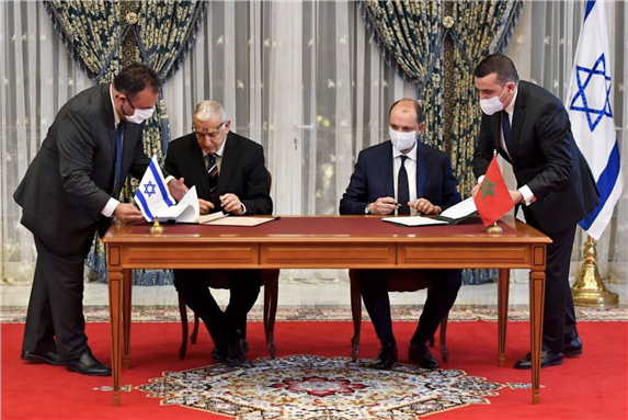 Israel and Morocco sign an agreement at the Royal Palace in Rabat on December 22, 2020, on the first Israel-Morocco direct commercial flight, marking the latest US-brokered diplomatic normalisation deal between the Jewish state and an Arab country. Photo by Fadel Senna, AFP via Getty Images